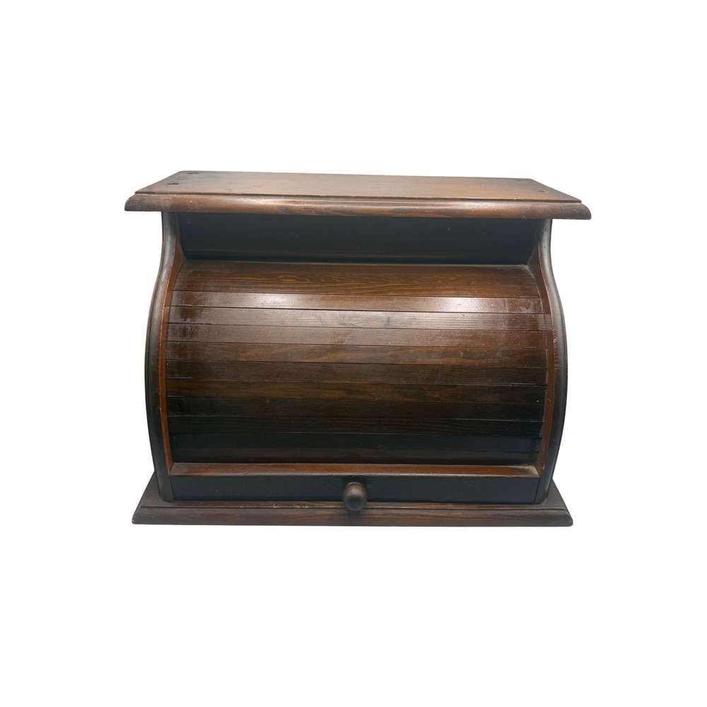 Vintage Wood Roll Top Bread Box Dark Brown Rustic Farmhouse Kitchen Storage Bin